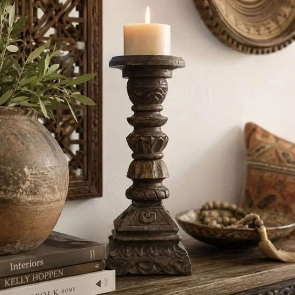Vintage Hand-Carved Wood Candlestick – 12” Tall | Global Boho Décor